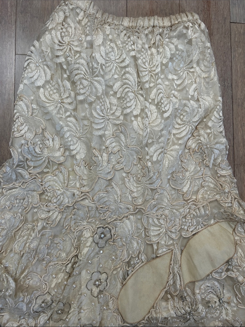 VTG lace suede layered beaded midi Floral Mermaid Skirt - Cream size M - Picture 9 of 14